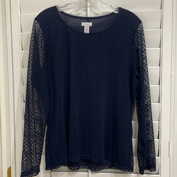 Chico’s Size 2, 12/14 Navy Blue with Sheer Long Sleeve Top - Picture 1 of 4